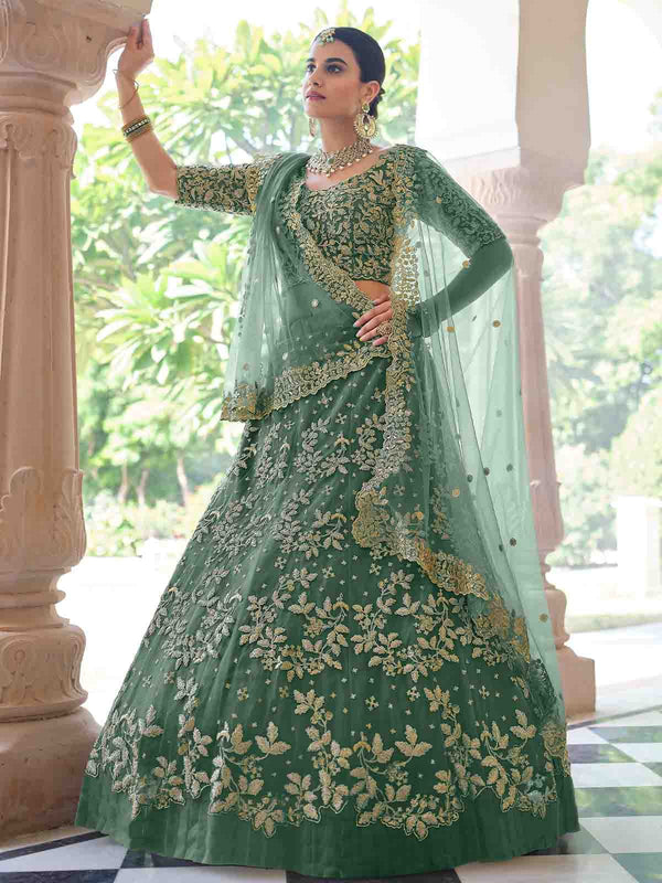 Stylish Dark Green Soft Net Semi Stitched Lehenga With  Unstitched Blouse Clothsvilla