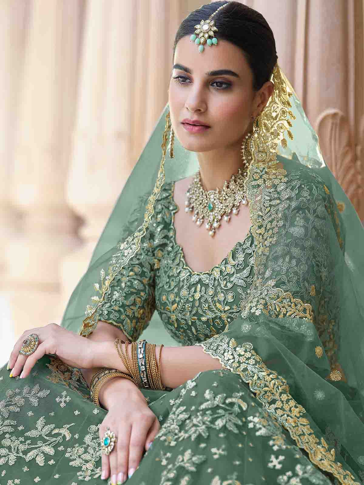 Stylish Dark Green Soft Net Semi Stitched Lehenga With  Unstitched Blouse Clothsvilla