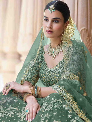 Stylish Dark Green Soft Net Semi Stitched Lehenga With  Unstitched Blouse Clothsvilla
