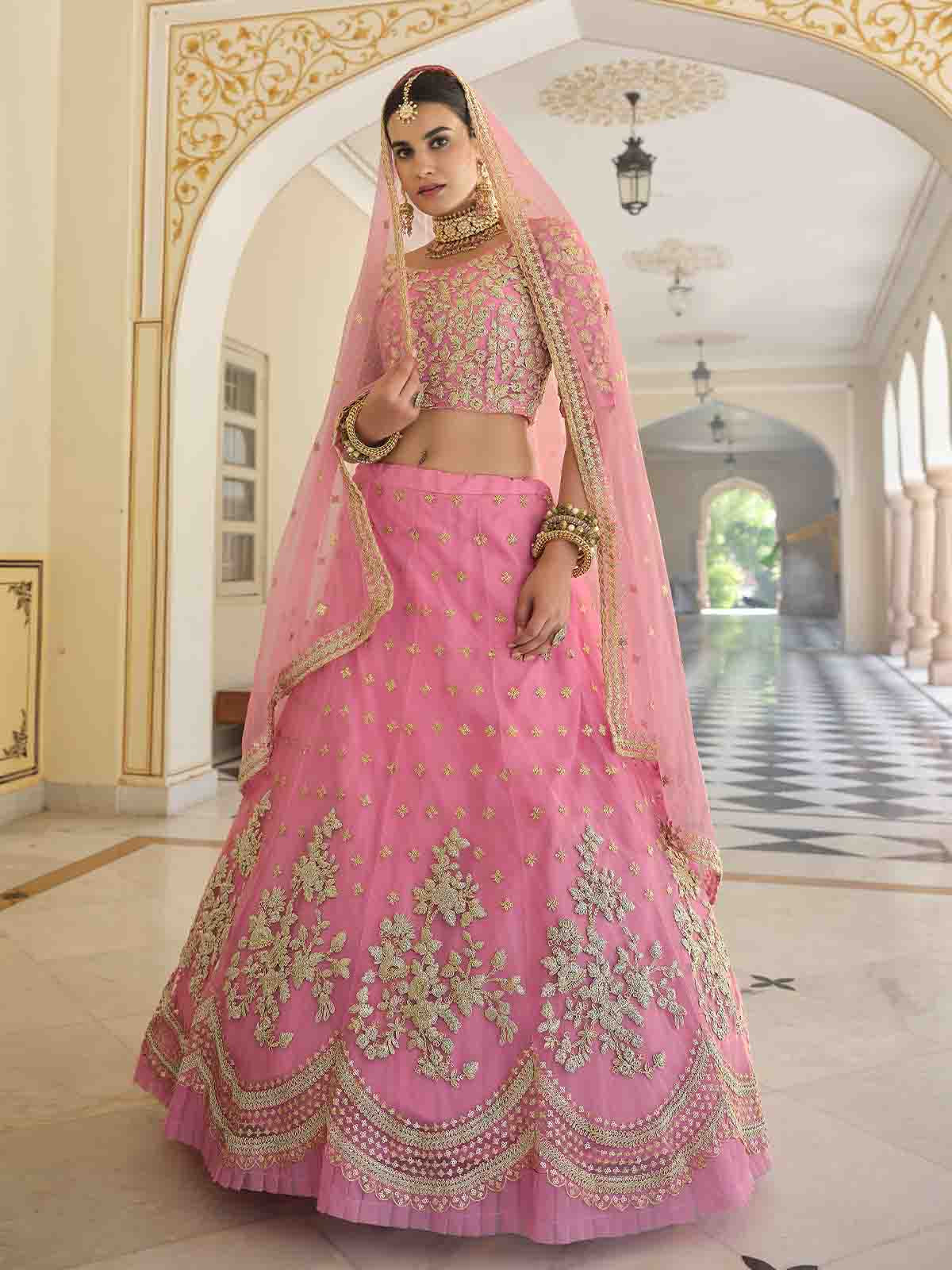 Designer Pink Semi Stitched Lehenga With  Unstitched Blouse Clothsvilla