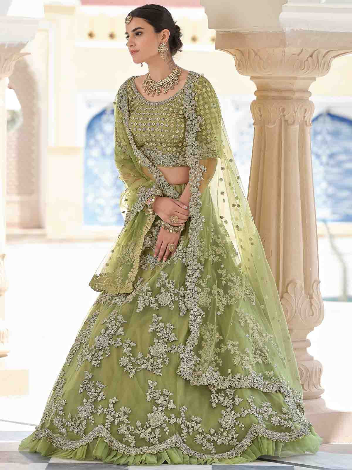 Stylish Oilve Soft Net Semi Stitched Lehenga With  Unstitched Blouse Clothsvilla Main image