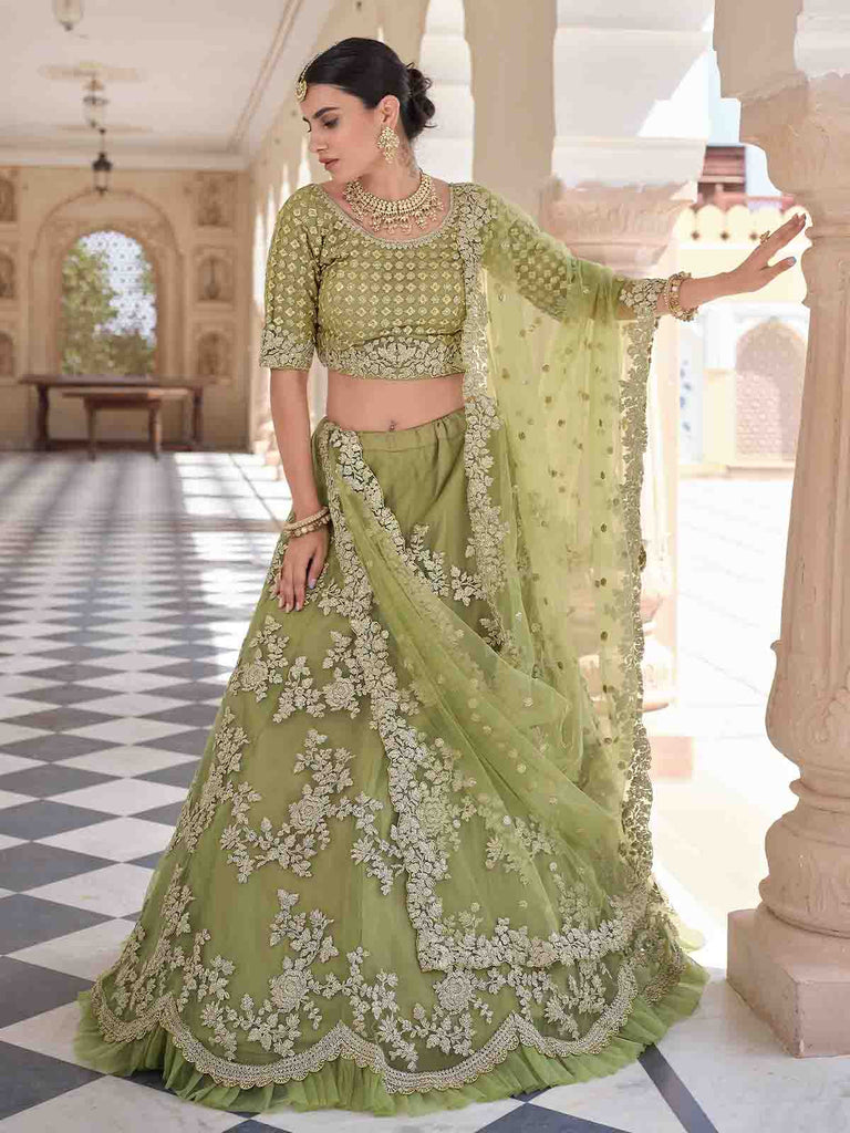 Stylish Oilve Soft Net Semi Stitched Lehenga With  Unstitched Blouse Clothsvilla