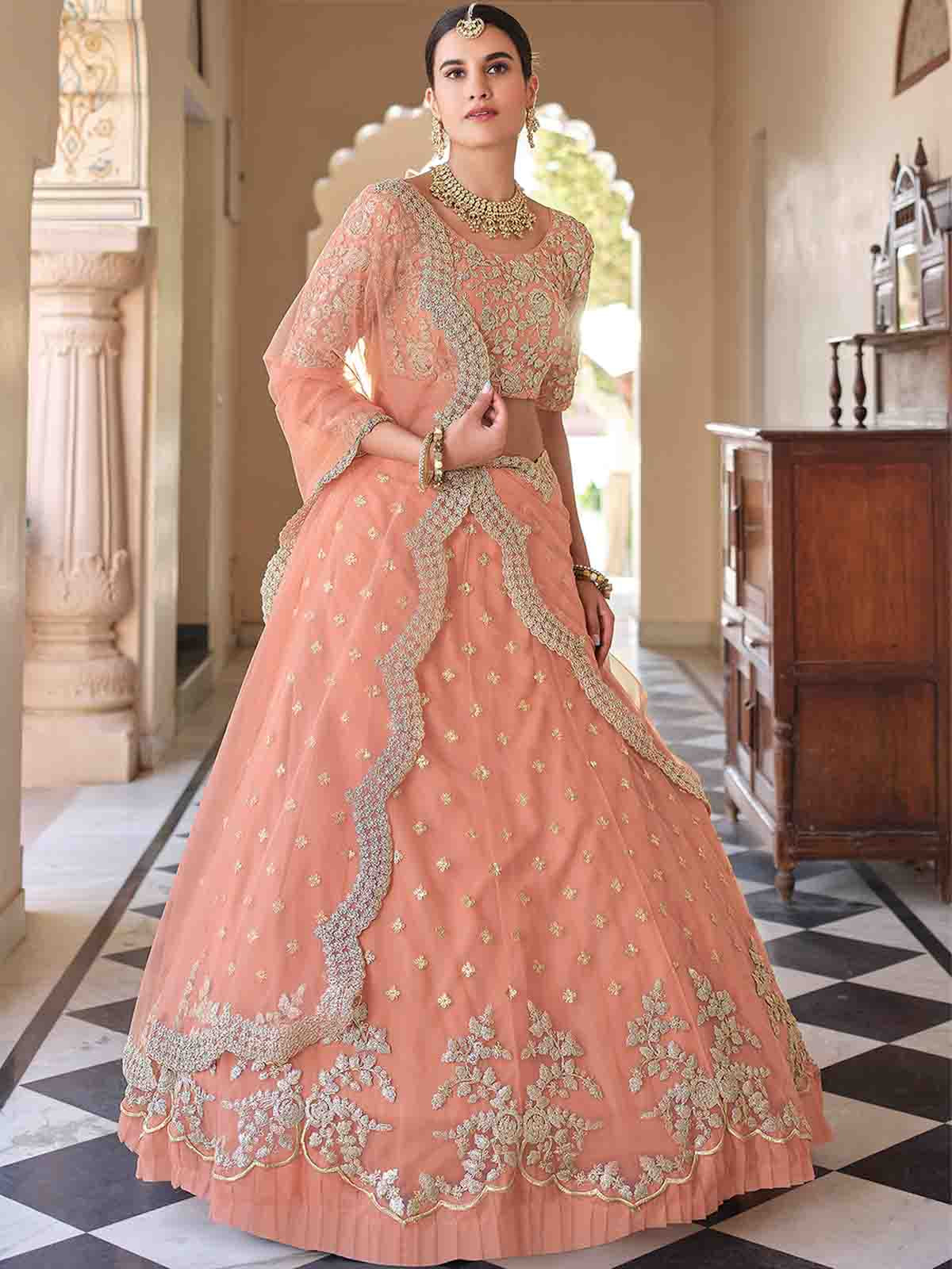 Pretty  Peach Soft Net Semi Stitched Lehenga With  Unstitched Blouse Clothsvilla