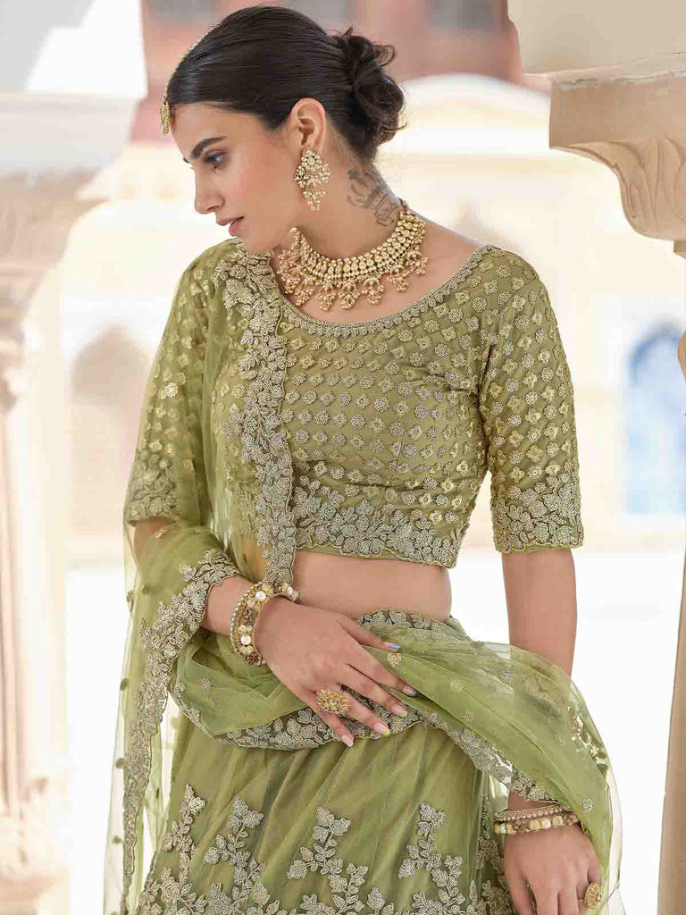 Stylish Oilve Soft Net Semi Stitched Lehenga With  Unstitched Blouse Clothsvilla