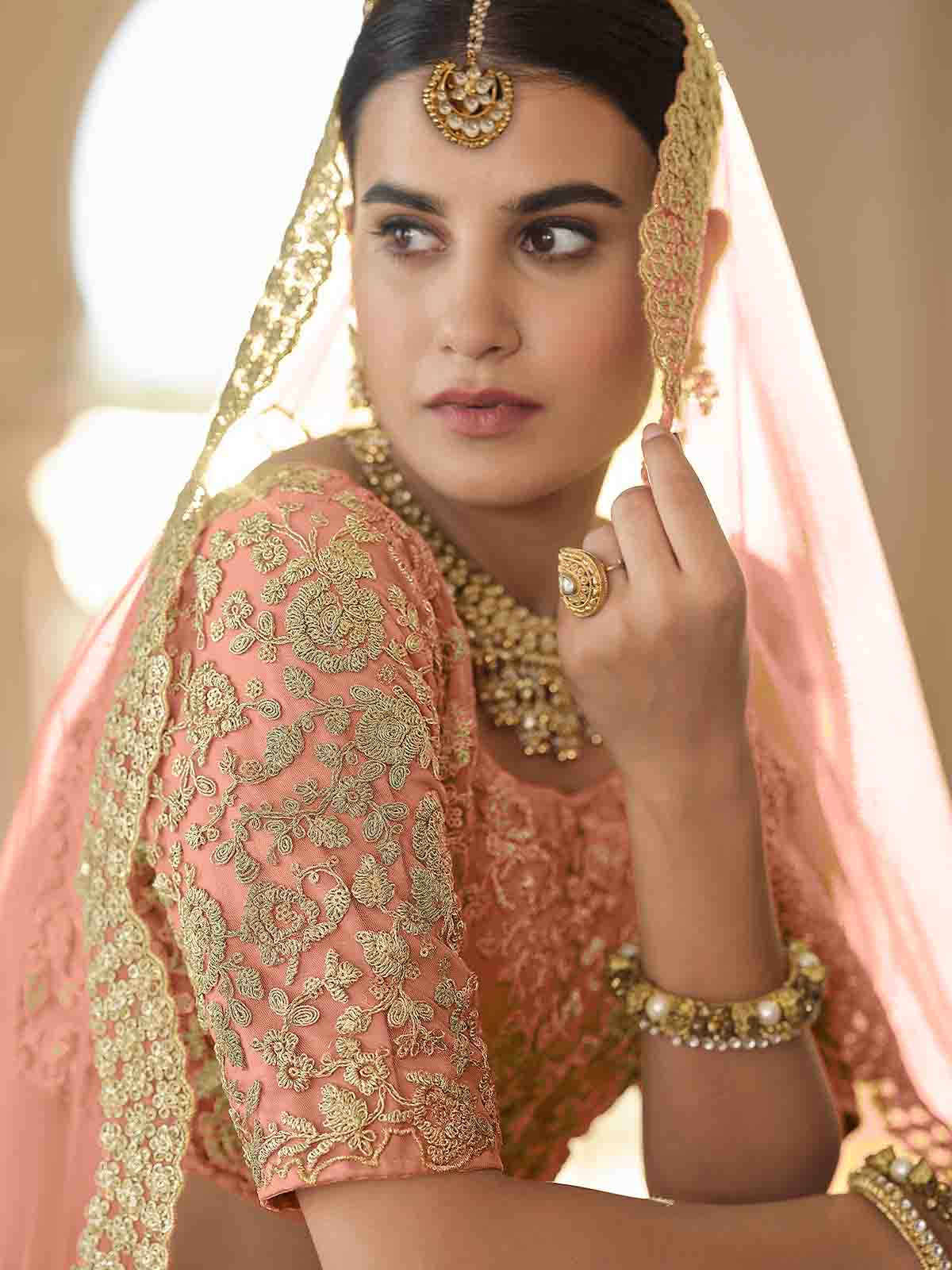 Pretty  Peach Soft Net Semi Stitched Lehenga With  Unstitched Blouse Clothsvilla