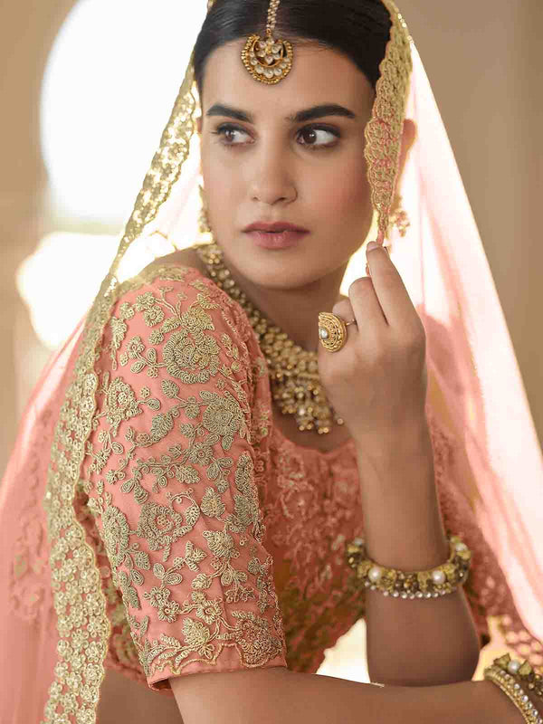 Pretty  Peach Soft Net Semi Stitched Lehenga With  Unstitched Blouse Clothsvilla