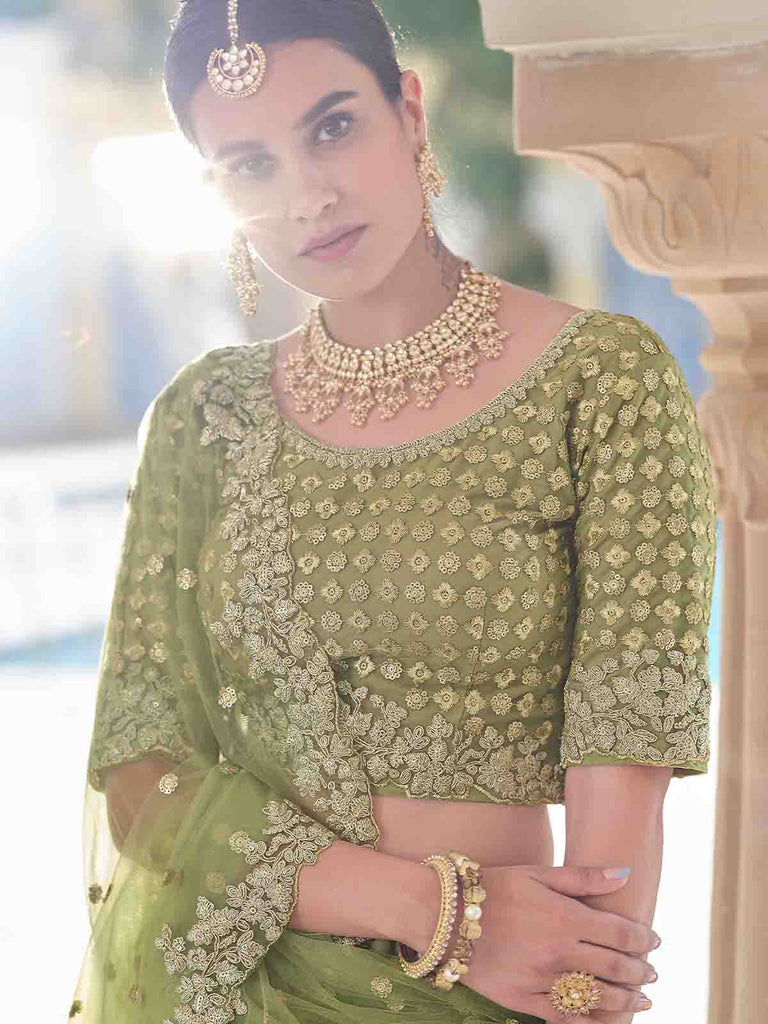 Stylish Oilve Soft Net Semi Stitched Lehenga With  Unstitched Blouse Clothsvilla