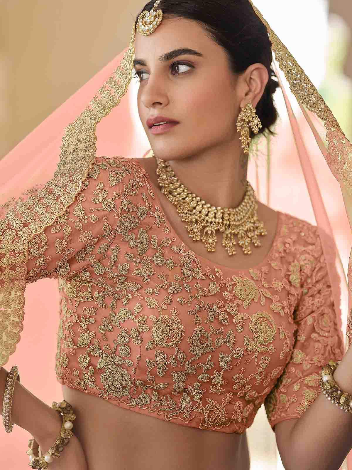 Pretty  Peach Soft Net Semi Stitched Lehenga With  Unstitched Blouse Clothsvilla