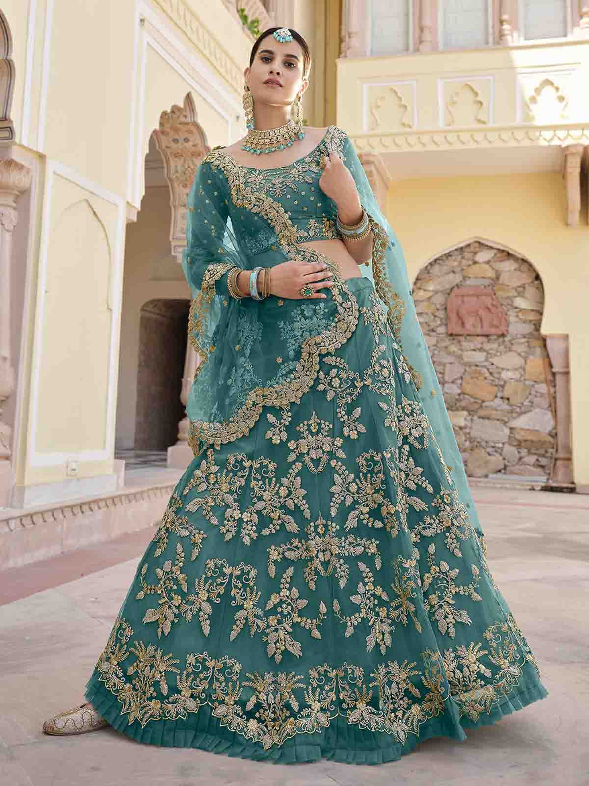 Impressive Teal Soft Net Semi Stitched Lehenga With  Unstitched Blouse Clothsvilla