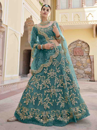 Impressive Teal Soft Net Semi Stitched Lehenga With  Unstitched Blouse Clothsvilla