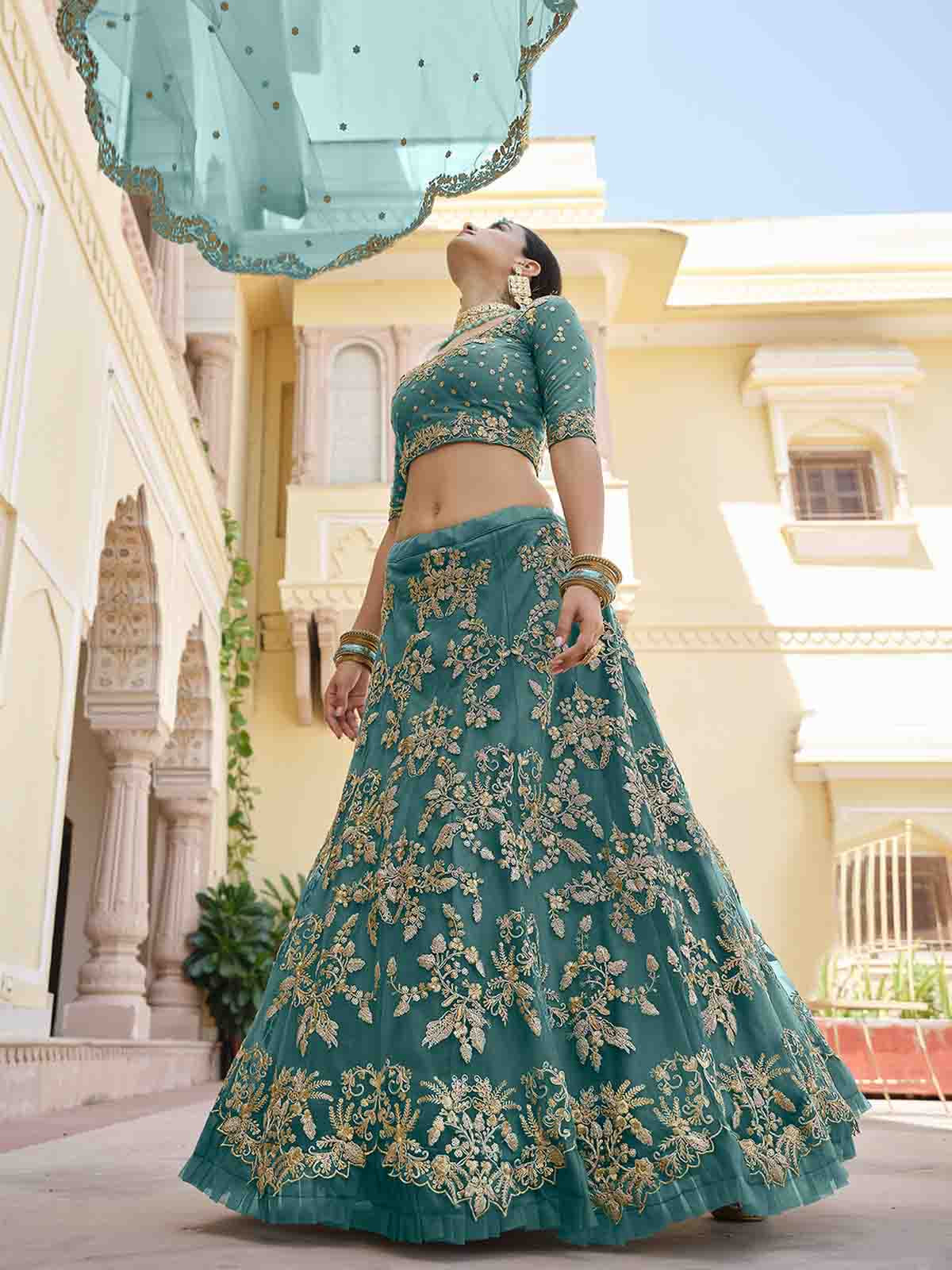 Impressive Teal Soft Net Semi Stitched Lehenga With  Unstitched Blouse Clothsvilla
