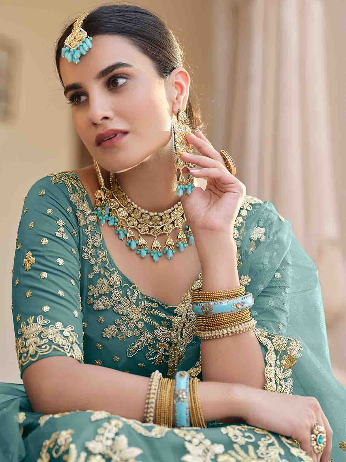 Impressive Teal Soft Net Semi Stitched Lehenga With  Unstitched Blouse Clothsvilla