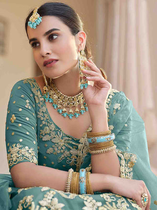 Impressive Teal Soft Net Semi Stitched Lehenga With  Unstitched Blouse Clothsvilla