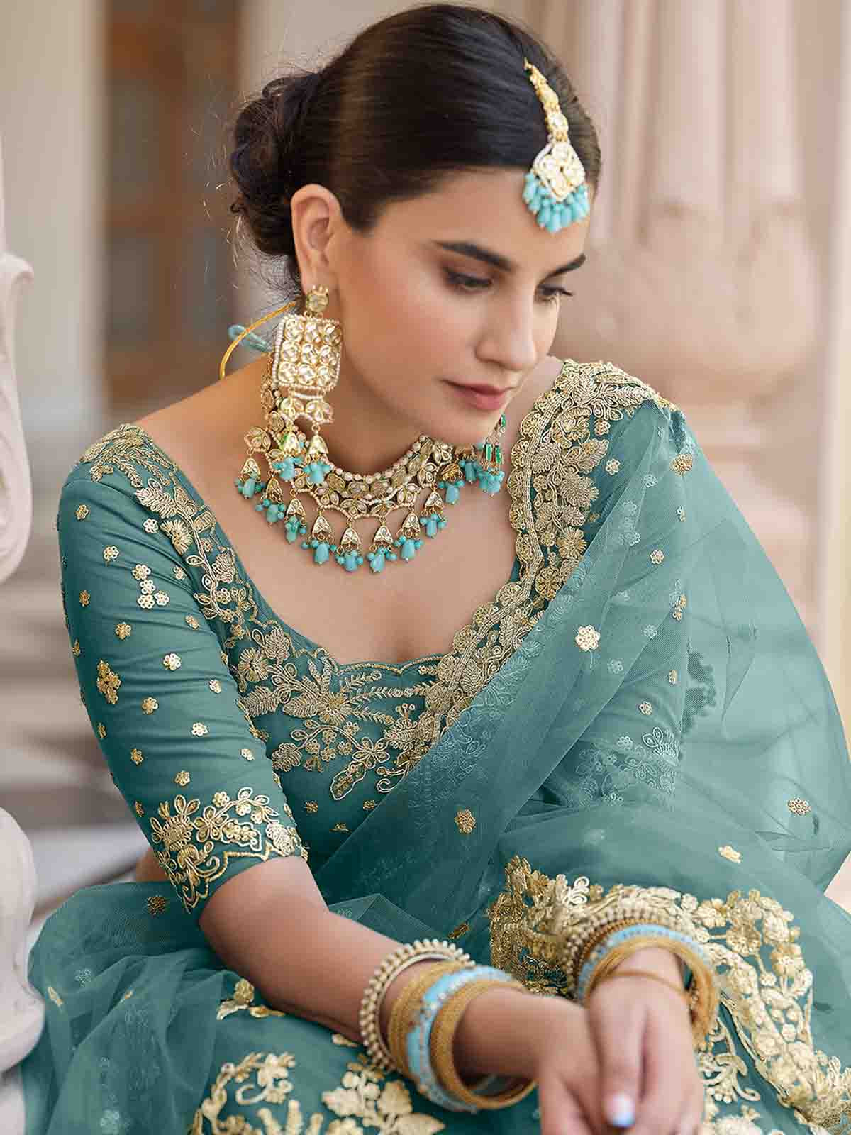Impressive Teal Soft Net Semi Stitched Lehenga With  Unstitched Blouse Clothsvilla