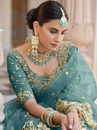Impressive Teal Soft Net Semi Stitched Lehenga With  Unstitched Blouse Clothsvilla