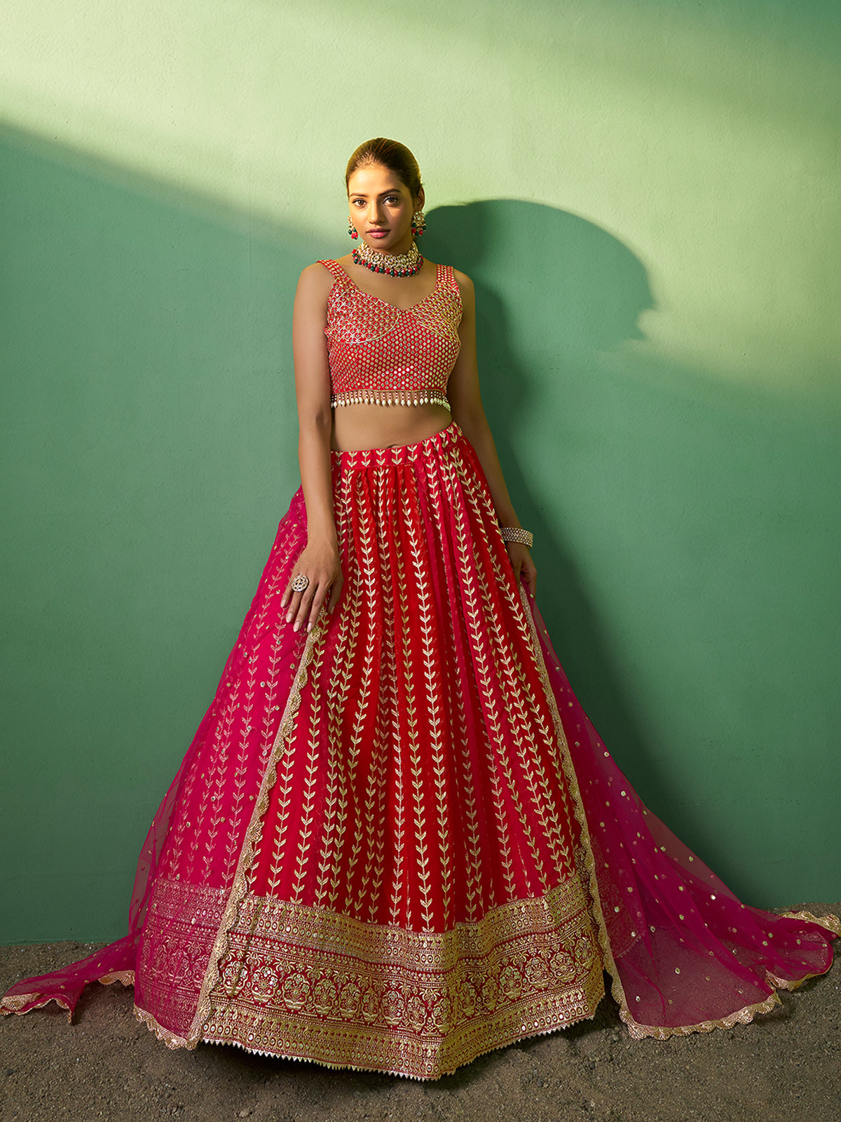 Red Embroidered  Semi Stitched Lehenga With Unstitched Blouse Clothsvilla