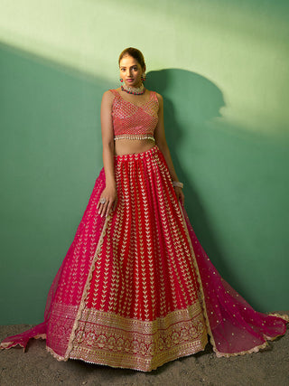 Red Embroidered  Semi Stitched Lehenga With Unstitched Blouse Clothsvilla