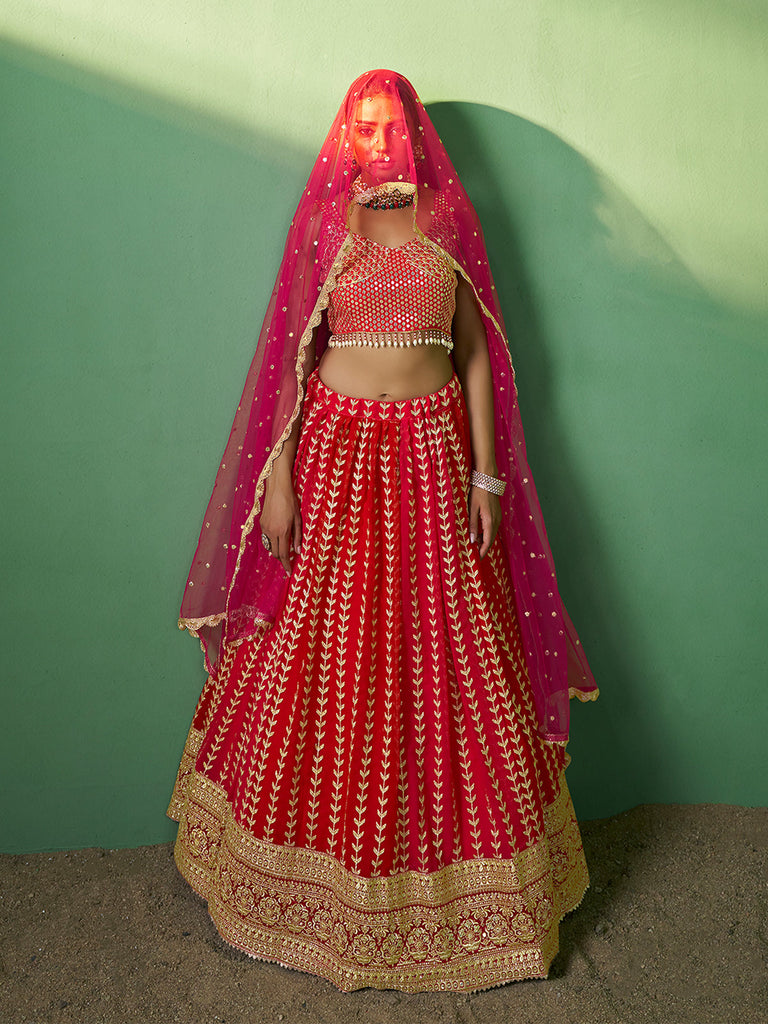 Red Embroidered  Semi Stitched Lehenga With Unstitched Blouse Clothsvilla