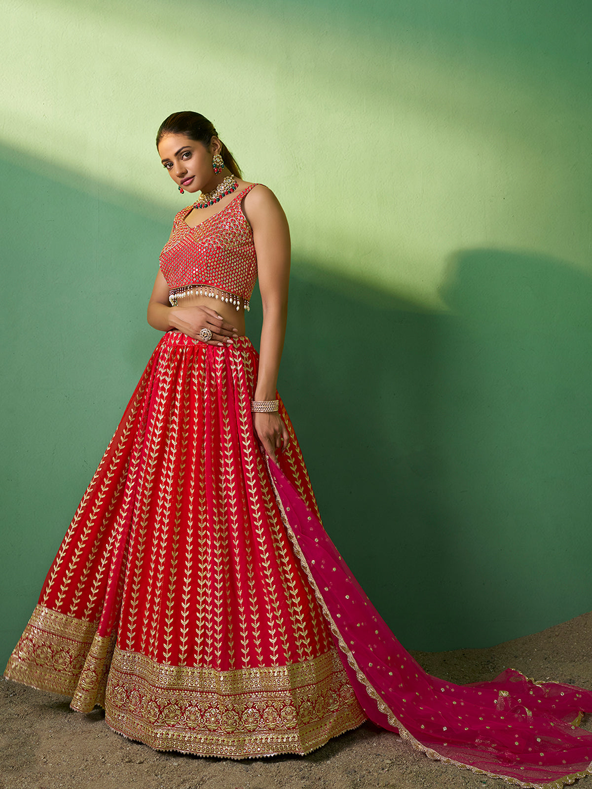 Red Embroidered  Semi Stitched Lehenga With Unstitched Blouse Clothsvilla