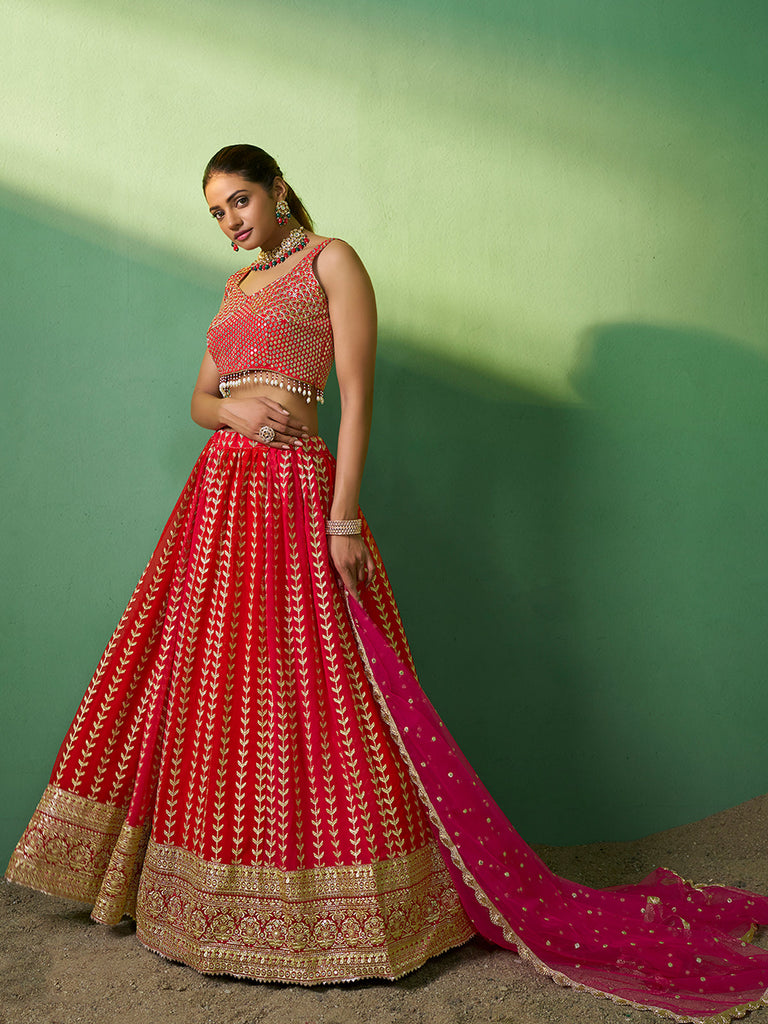 Red Embroidered  Semi Stitched Lehenga With Unstitched Blouse Clothsvilla