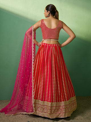 Red Embroidered  Semi Stitched Lehenga With Unstitched Blouse Clothsvilla