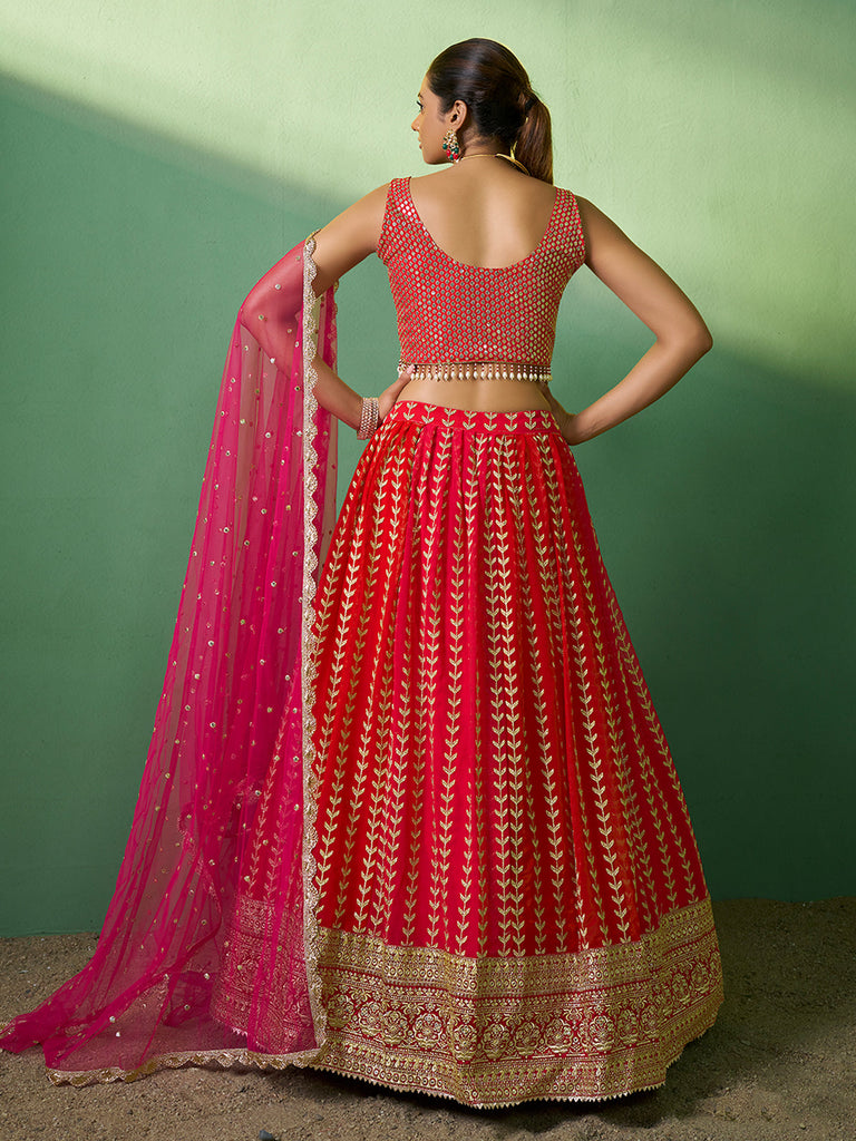 Red Embroidered  Semi Stitched Lehenga With Unstitched Blouse Clothsvilla