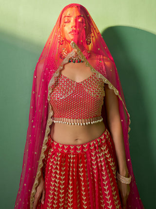 Red Embroidered  Semi Stitched Lehenga With Unstitched Blouse Clothsvilla