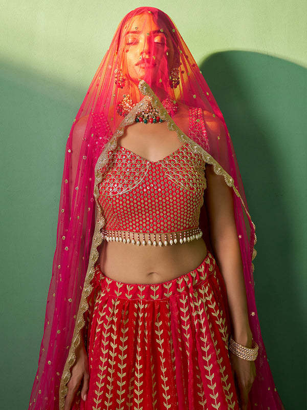 Red Embroidered  Semi Stitched Lehenga With Unstitched Blouse Clothsvilla
