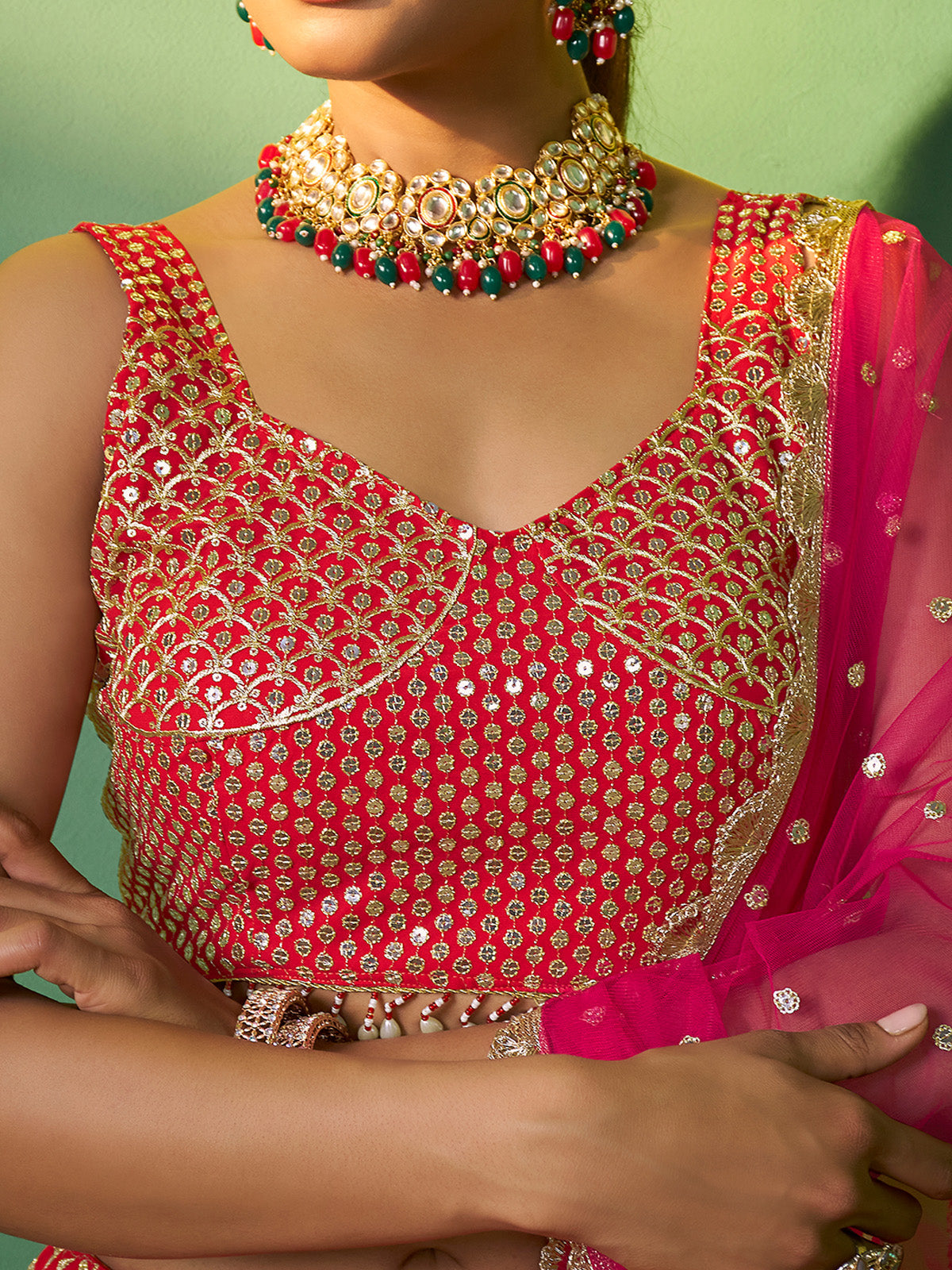 Red Embroidered  Semi Stitched Lehenga With Unstitched Blouse Clothsvilla