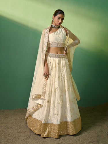Beige Embroidered Semi Stitched Lehenga With Unstitched Blouse Clothsvilla