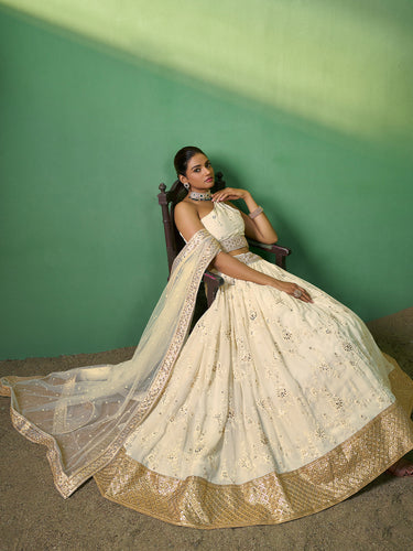 Beige Embroidered Semi Stitched Lehenga With Unstitched Blouse Clothsvilla