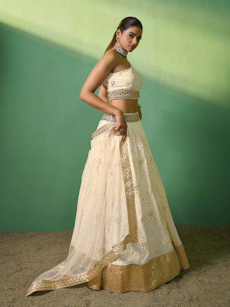 Beige Embroidered Semi Stitched Lehenga With Unstitched Blouse Clothsvilla