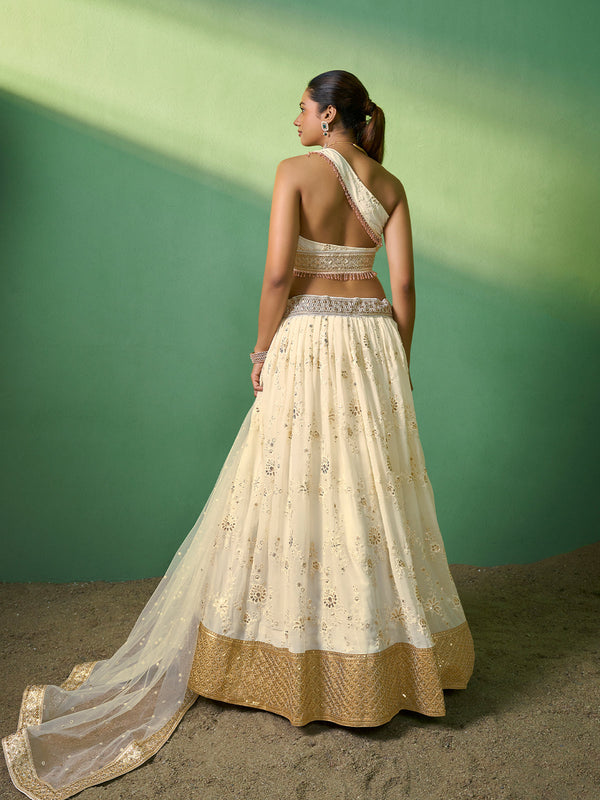 Beige Embroidered Semi Stitched Lehenga With Unstitched Blouse Clothsvilla