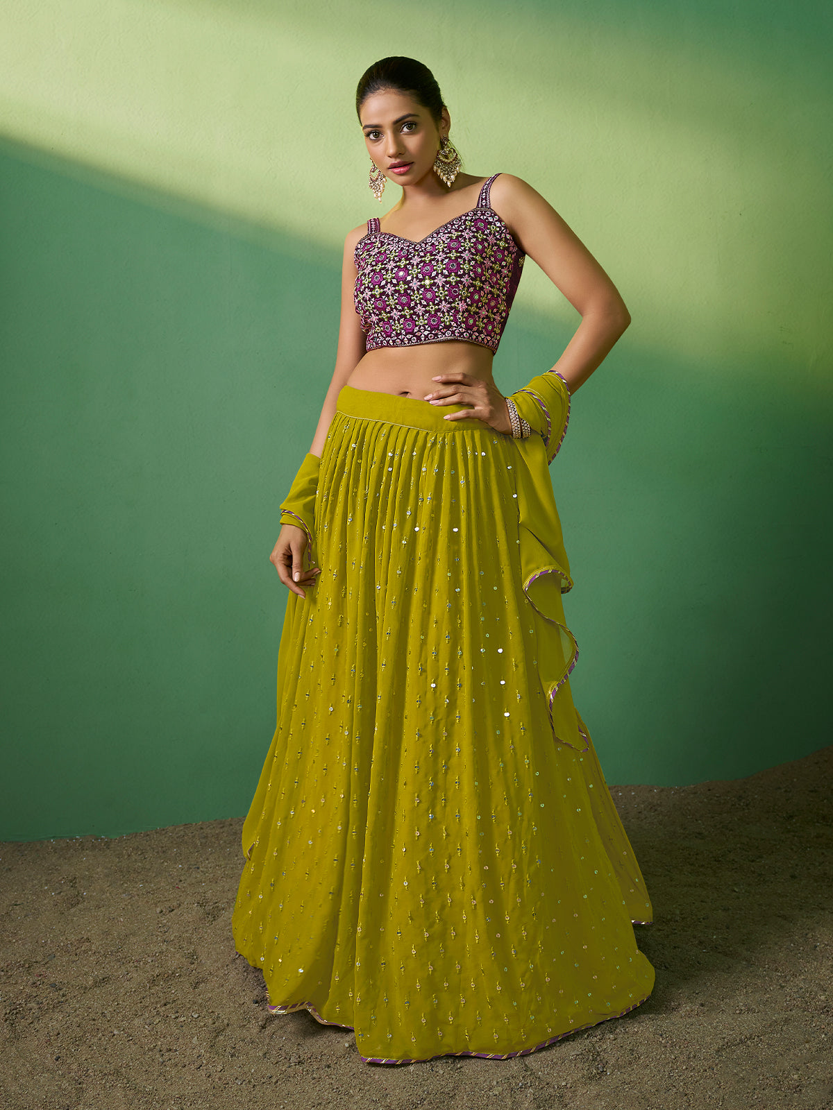 Green Embroidered Semi Stitched Lehenga With Unstitched Blouse Clothsvilla Main image