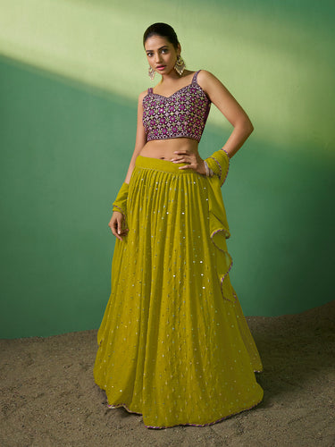 Green Embroidered Semi Stitched Lehenga With Unstitched Blouse Clothsvilla