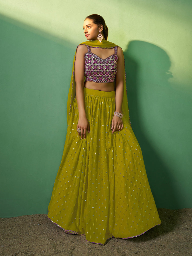 Green Embroidered Semi Stitched Lehenga With Unstitched Blouse Clothsvilla