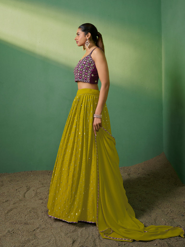 Green Embroidered Semi Stitched Lehenga With Unstitched Blouse Clothsvilla