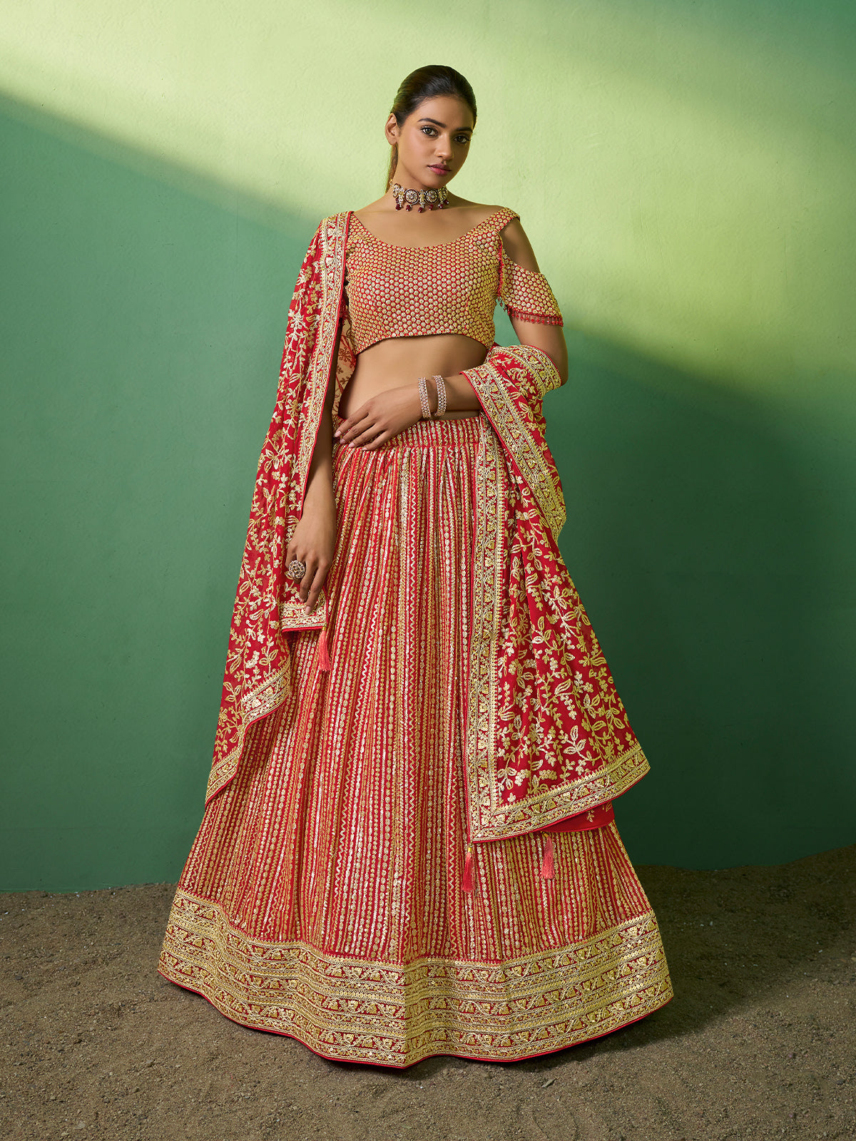 Red Embroidered Semi Stitched Lehenga With Unstitched Blouse Clothsvilla Main image