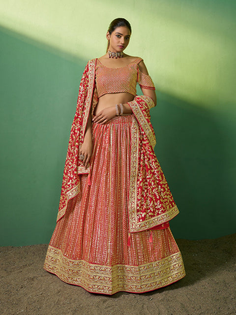 Red Embroidered Semi Stitched Lehenga With Unstitched Blouse Clothsvilla Main image