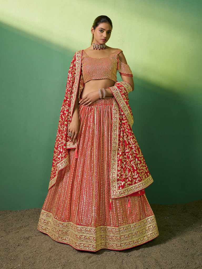 Red Embroidered Semi Stitched Lehenga With Unstitched Blouse Clothsvilla