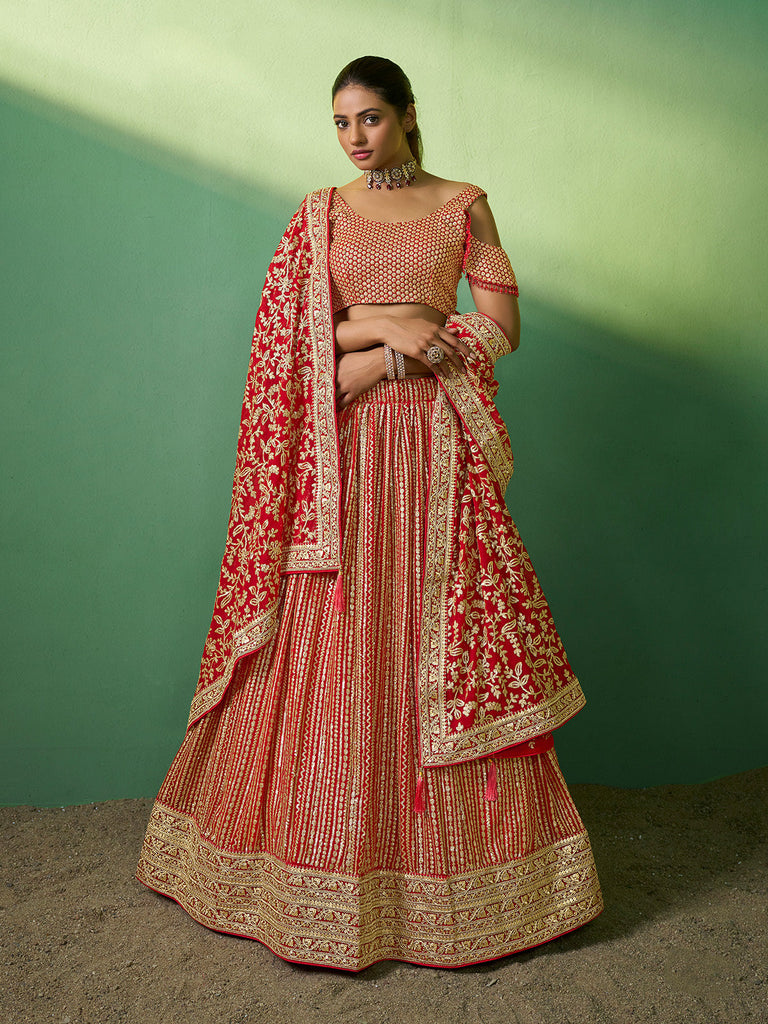 Red Embroidered Semi Stitched Lehenga With Unstitched Blouse Clothsvilla