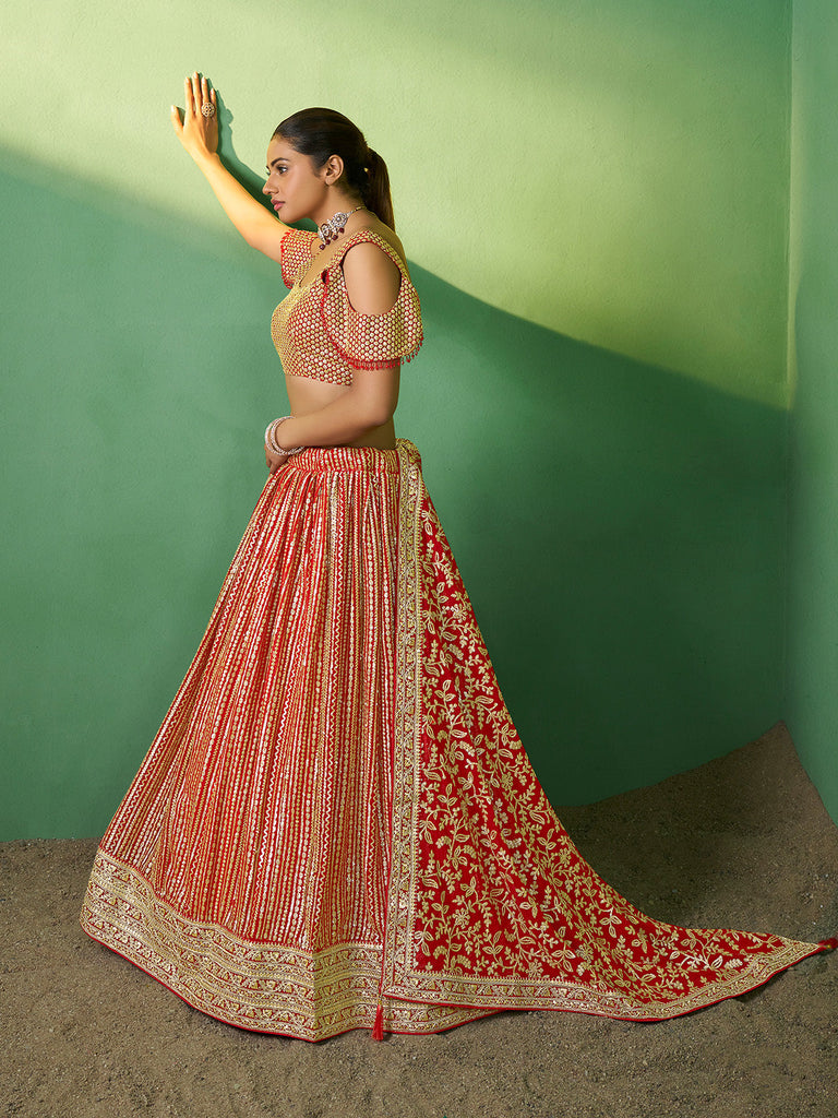 Red Embroidered Semi Stitched Lehenga With Unstitched Blouse Clothsvilla