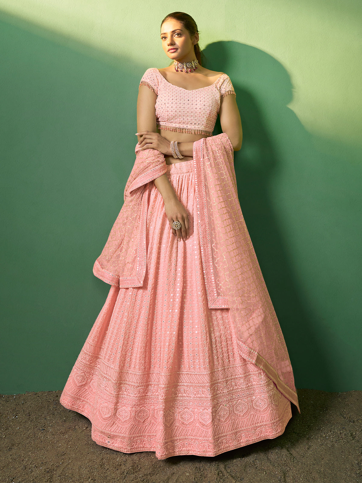 Peach Embroidered Semi Stitched Lehenga With Unstitched Blouse Clothsvilla Main image
