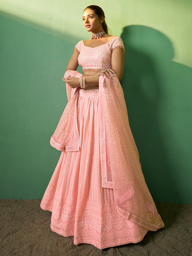 Peach Embroidered Semi Stitched Lehenga With Unstitched Blouse Clothsvilla