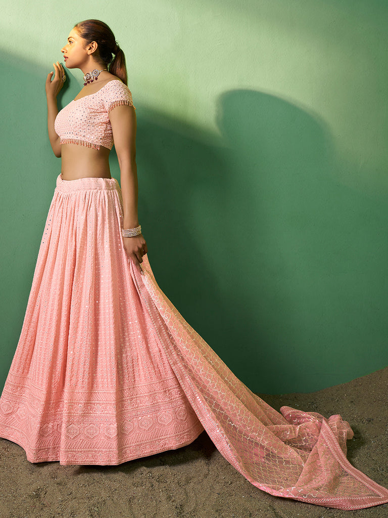 Peach Embroidered Semi Stitched Lehenga With Unstitched Blouse Clothsvilla