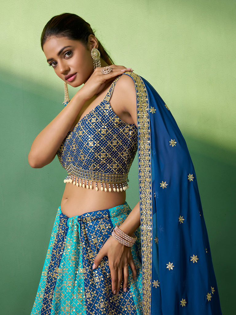 Blue Embroidered Semi Stitched Lehenga With Unstitched Blouse Clothsvilla