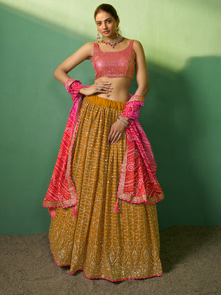 Mustard Embroidered Semi Stitched Lehenga With Unstitched Blouse Clothsvilla