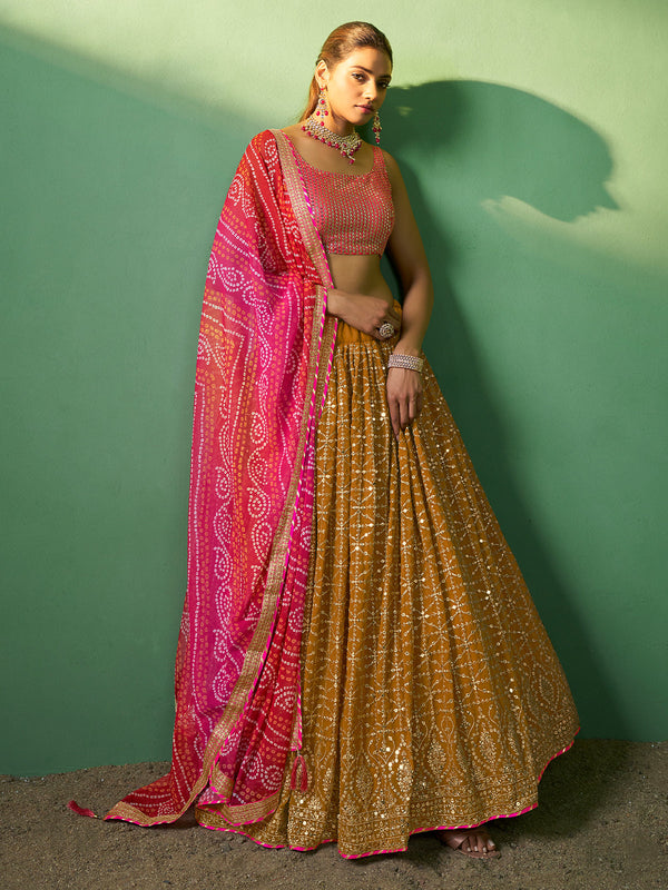 Mustard Embroidered Semi Stitched Lehenga With Unstitched Blouse Clothsvilla