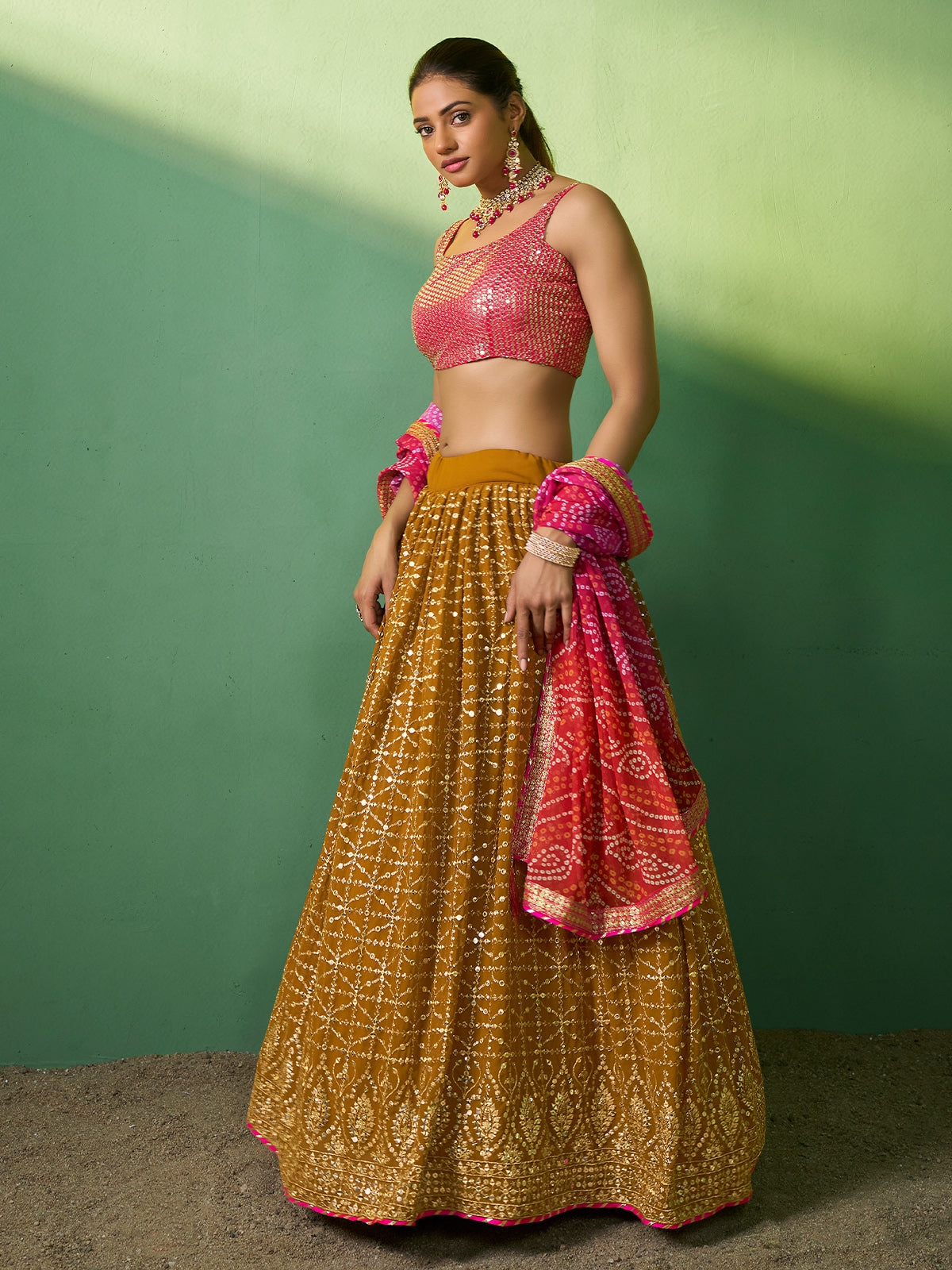 Mustard Embroidered Semi Stitched Lehenga With Unstitched Blouse Clothsvilla