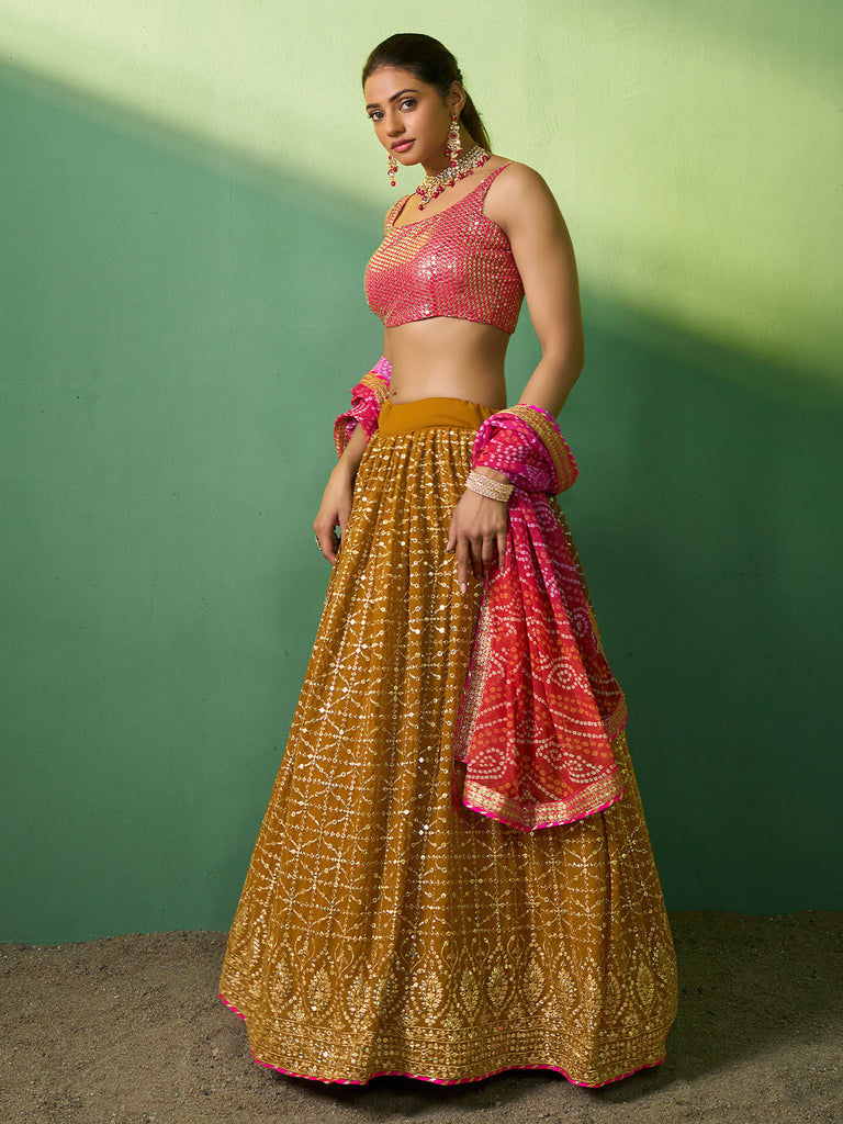 Mustard Embroidered Semi Stitched Lehenga With Unstitched Blouse Clothsvilla